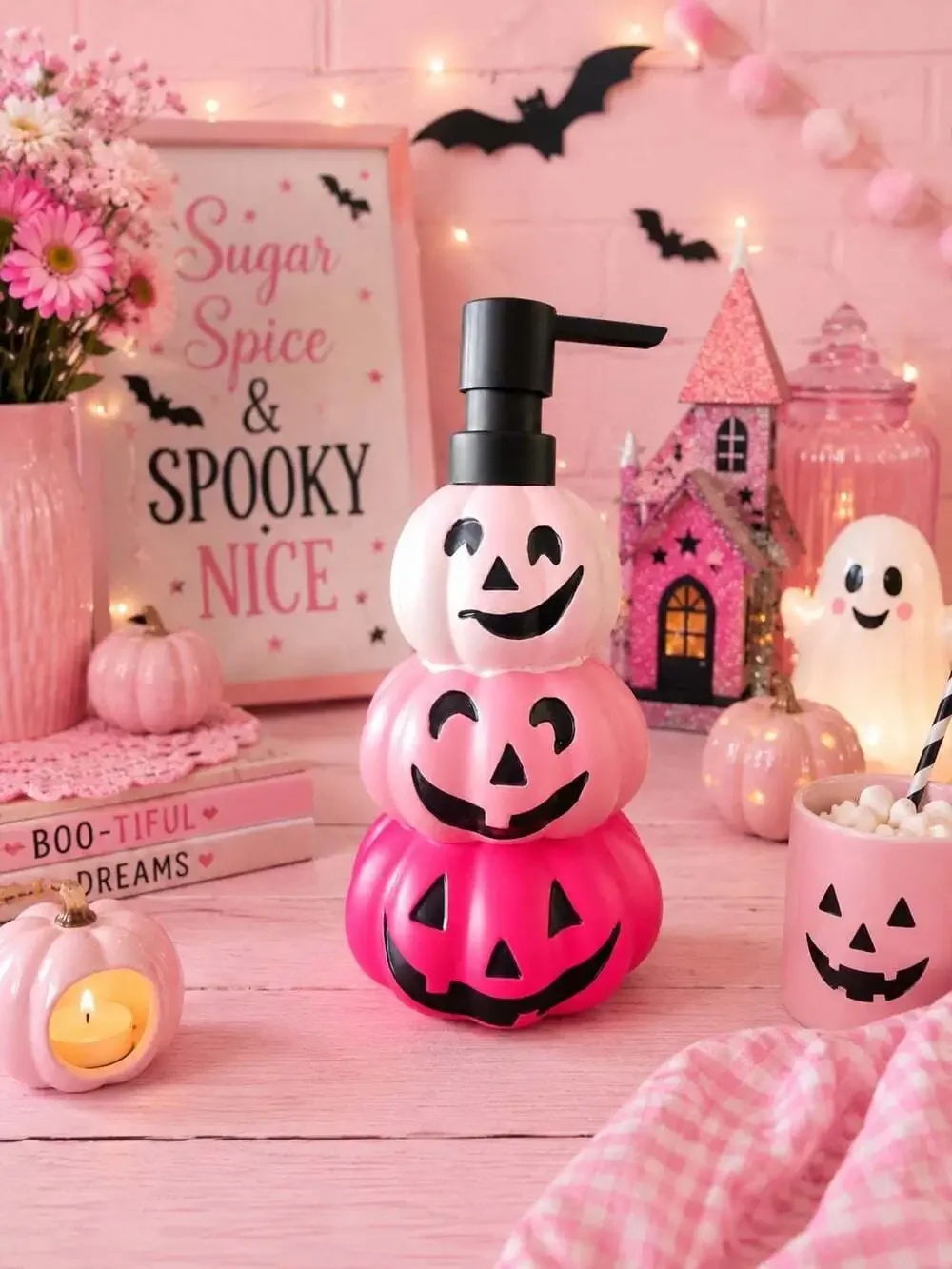 New Pink Halloween Stacked Pumpkins Soap Dispenser Decor Bathroom Kitchen